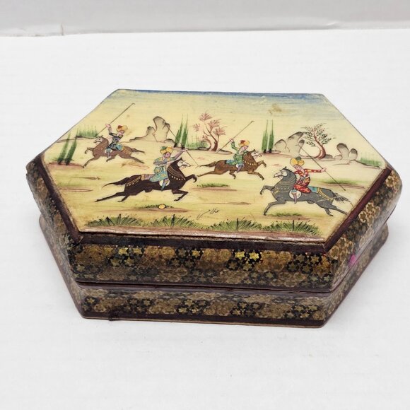 Vintage Persian Khatam Jewelry Trinket Storage Box Scene Battle Painting Warrior - Picture 13 of 16